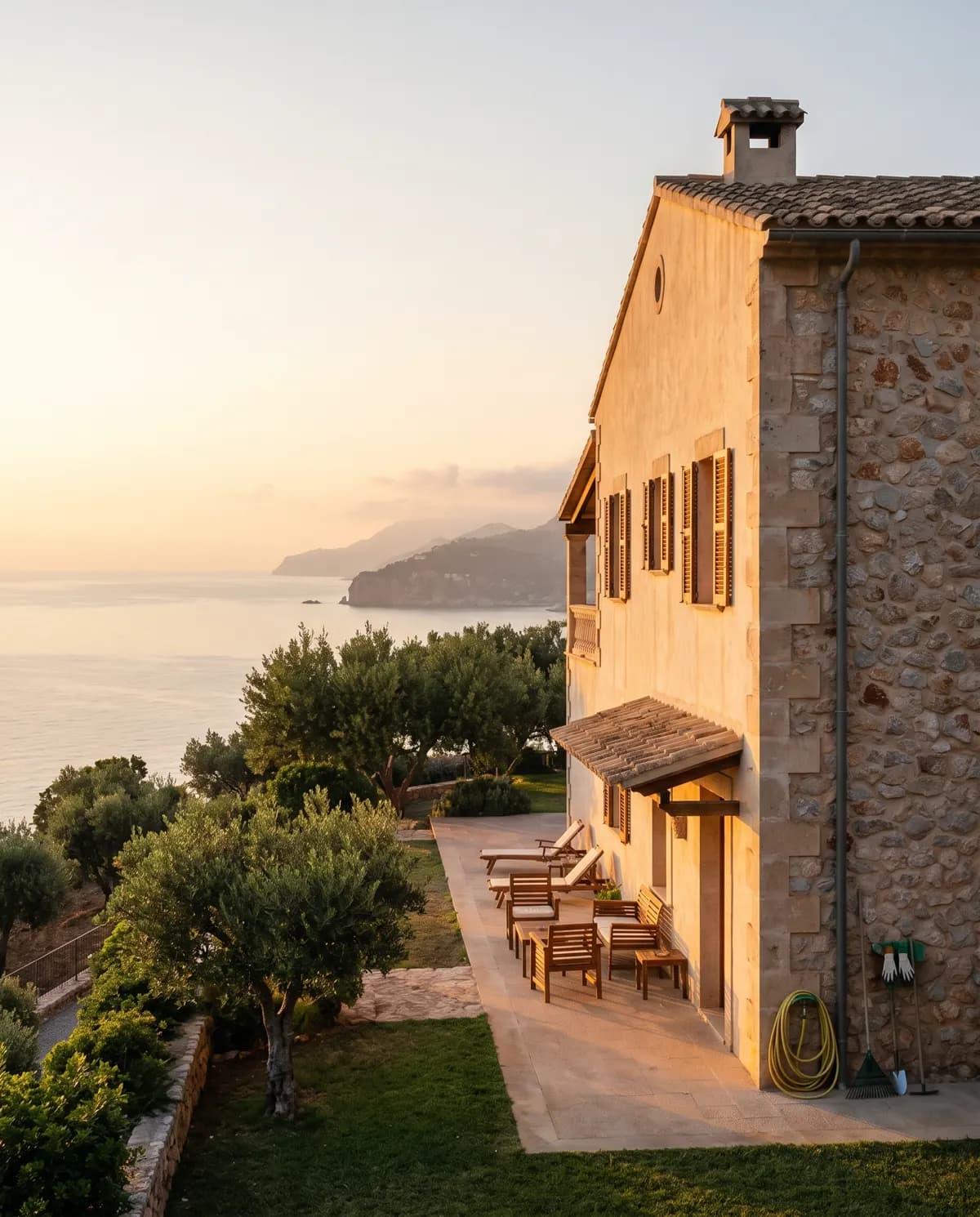 A coastal home at golden hour, its windows warmly lit as evening comes